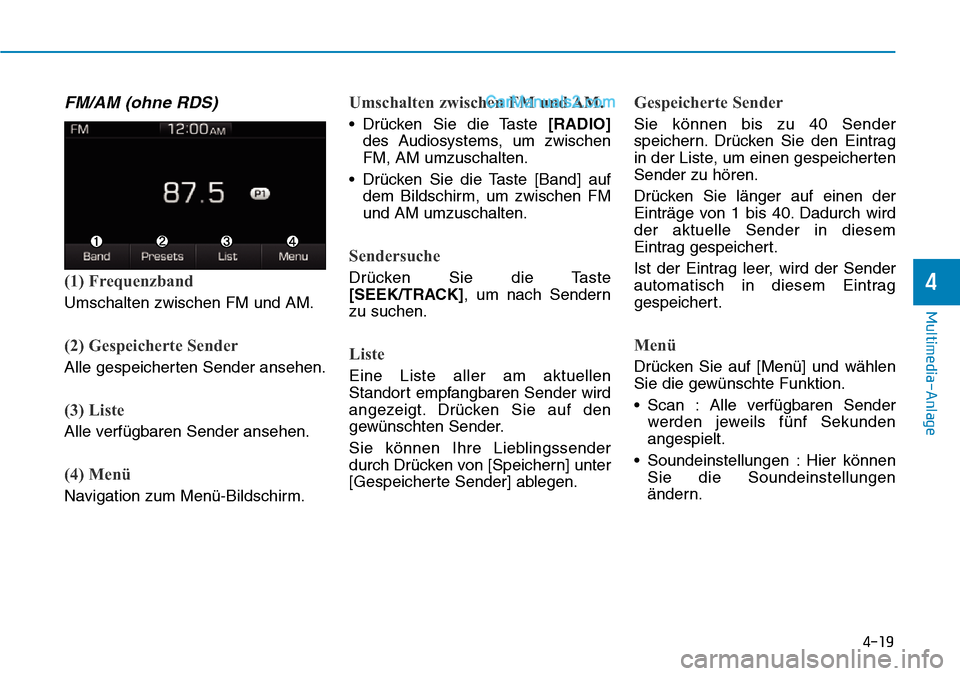 Hyundai Ioniq 2019 Betriebsanleitung (in German) 4-19
Multimedia-Anlage
4
FM/AM (ohne RDS)
(1) Frequenzband
Umschalten zwischen FM und AM.
(2) Gespeicherte Sender
Alle gespeicherten Sender ansehen.
(3) Liste
Alle verfügbaren Sender ansehen.
(4) Me Hyundai Ioniq 2019 Betriebsanleitung (in German) 4-19
Multimedia-Anlage
4
FM/AM (ohne RDS)
(1) Frequenzband
Umschalten zwischen FM und AM.
(2) Gespeicherte Sender
Alle gespeicherten Sender ansehen.
(3) Liste
Alle verfügbaren Sender ansehen.
(4) Me