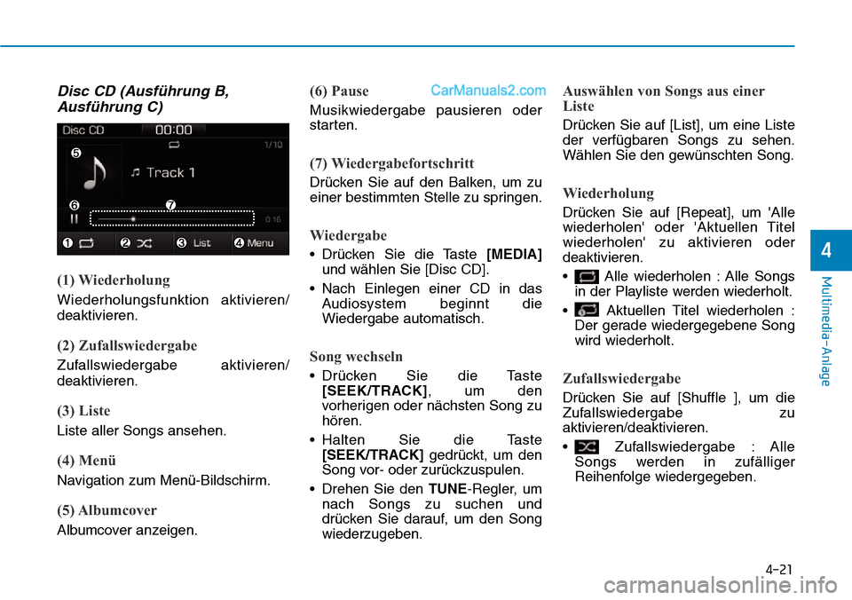 Hyundai Ioniq 2019 Betriebsanleitung (in German) 4-21
Multimedia-Anlage
4
Disc CD (Ausführung B,Ausführung C)
(1) Wiederholung
Wiederholungsfunktion aktivieren/
deaktivieren.
(2) Zufallswiedergabe
Zufallswiedergabe aktivieren/
deaktivieren.
(3) L Hyundai Ioniq 2019 Betriebsanleitung (in German) 4-21
Multimedia-Anlage
4
Disc CD (Ausführung B,Ausführung C)
(1) Wiederholung
Wiederholungsfunktion aktivieren/
deaktivieren.
(2) Zufallswiedergabe
Zufallswiedergabe aktivieren/
deaktivieren.
(3) L