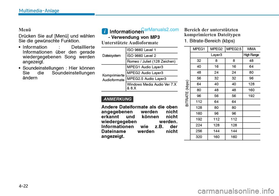 Hyundai Ioniq 2019  Betriebsanleitung (in German) 4-22
Multimedia-Anlage 
Menü
Drücken Sie auf [Menü] und wählen
Sie die gewünschte Funktion.
• Information : DetaillierteInformationen über den gerade
wiedergegebenen Song werden
angezeigt.
•