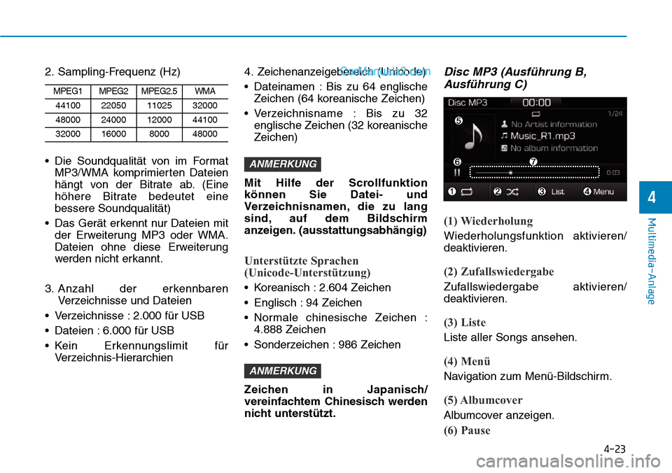 Hyundai Ioniq 2019 Betriebsanleitung (in German) 4-23
Multimedia-Anlage
4
2. Sampling-Frequenz (Hz)
• Die Soundqualität von im FormatMP3/WMA komprimierten Dateien
hängt von der Bitrate ab. (Eine
höhere Bitrate bedeutet eine
bessere Soundqualit Hyundai Ioniq 2019 Betriebsanleitung (in German) 4-23
Multimedia-Anlage
4
2. Sampling-Frequenz (Hz)
• Die Soundqualität von im FormatMP3/WMA komprimierten Dateien
hängt von der Bitrate ab. (Eine
höhere Bitrate bedeutet eine
bessere Soundqualit