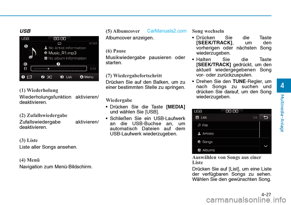 Hyundai Ioniq 2019 Betriebsanleitung (in German) 4-27
Multimedia-Anlage
4
USB
(1) Wiederholung
Wiederholungsfunktion aktivieren/
deaktivieren.
(2) Zufallswiedergabe
Zufallswiedergabe aktivieren/
deaktivieren.
(3) Liste
Liste aller Songs ansehen.
(4 Hyundai Ioniq 2019 Betriebsanleitung (in German) 4-27
Multimedia-Anlage
4
USB
(1) Wiederholung
Wiederholungsfunktion aktivieren/
deaktivieren.
(2) Zufallswiedergabe
Zufallswiedergabe aktivieren/
deaktivieren.
(3) Liste
Liste aller Songs ansehen.
(4