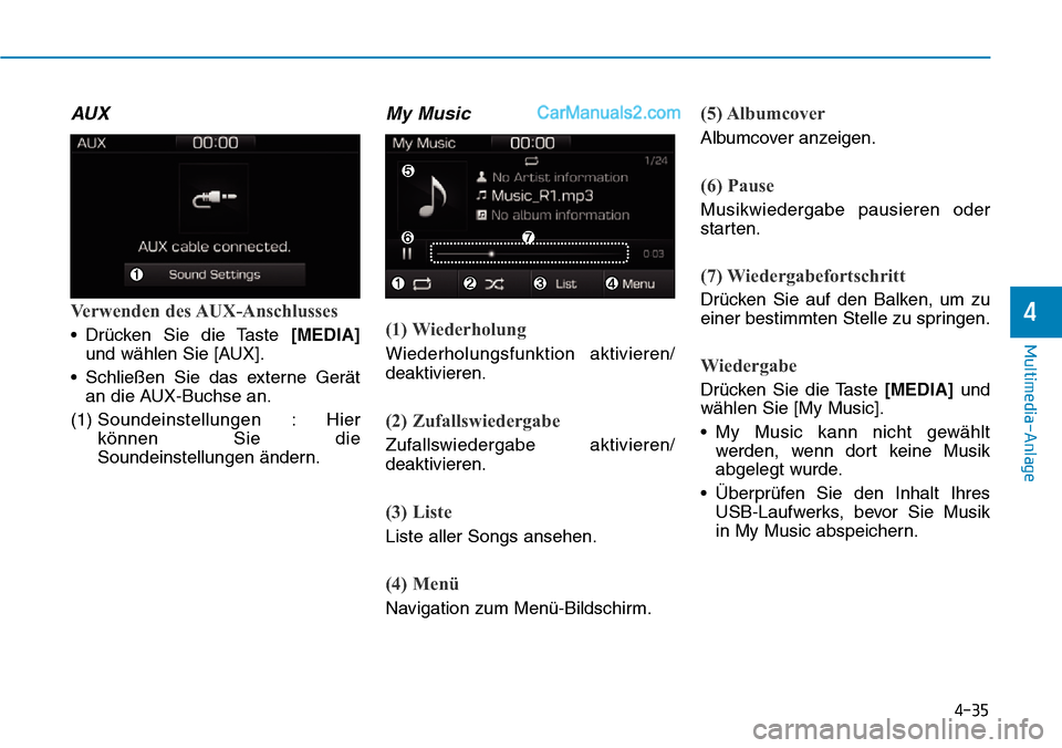 Hyundai Ioniq 2019  Betriebsanleitung (in German) 4-35
Multimedia-Anlage 
4
AUX
Verwenden des AUX-Anschlusses
• Drücken Sie die Taste [MEDIA]und wählen Sie [AUX].
• Schließen Sie das externe Gerät an die AUX-Buchse an.
(1)  Soundeinstellungen