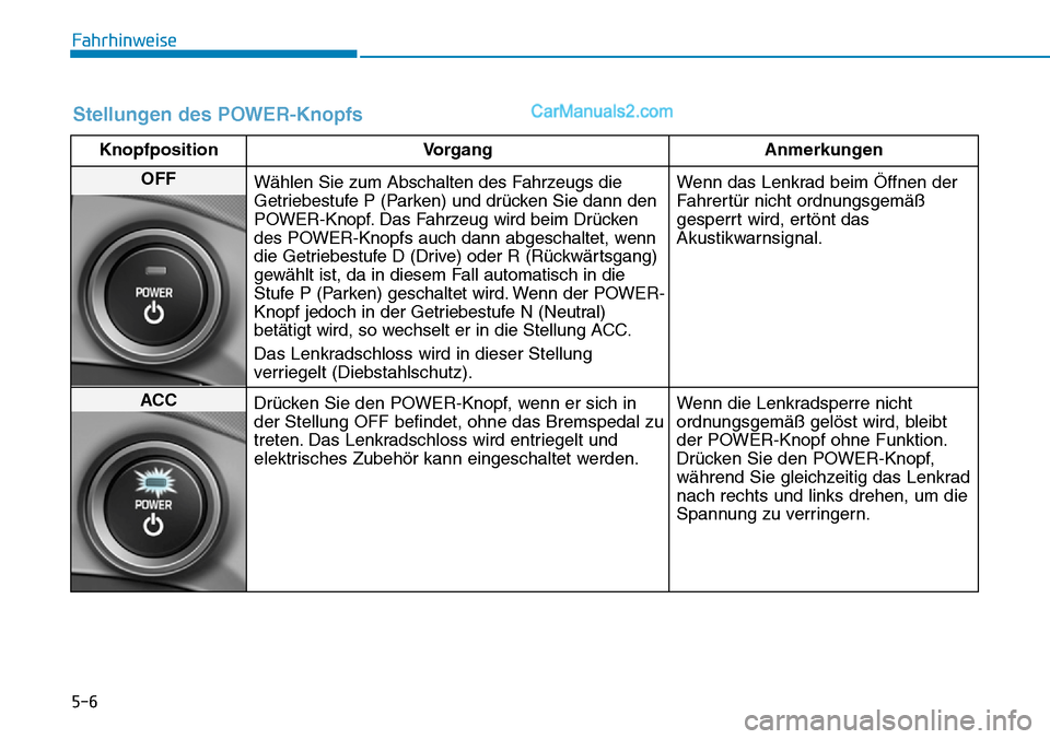 Hyundai Ioniq 2019 Betriebsanleitung (in German) 5-6
Fahrhinweise
Stellungen des POWER-Knopfs
KnopfpositionVorgang Anmerkungen
OFF
Wählen Sie zum Abschalten des Fahrzeugs die
Getriebestufe P (Parken) und drücken Sie dann den
POWER-Knopf. Das Fahrz Hyundai Ioniq 2019 Betriebsanleitung (in German) 5-6
Fahrhinweise
Stellungen des POWER-Knopfs
KnopfpositionVorgang Anmerkungen
OFF
Wählen Sie zum Abschalten des Fahrzeugs die
Getriebestufe P (Parken) und drücken Sie dann den
POWER-Knopf. Das Fahrz