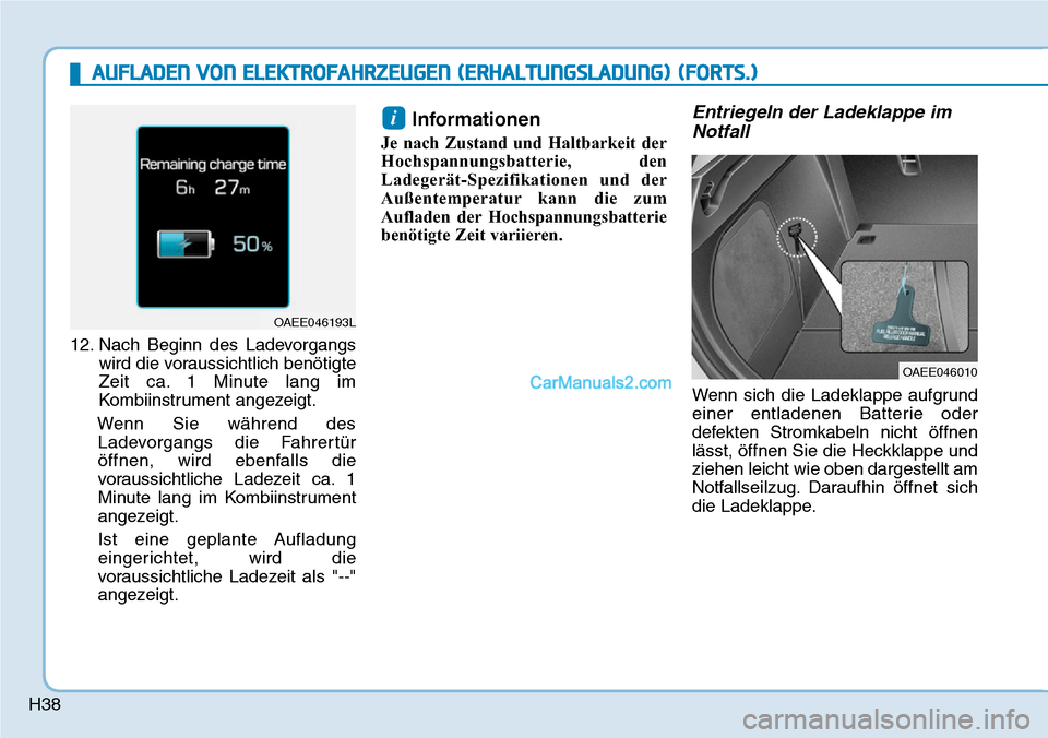 Hyundai Ioniq 2019  Betriebsanleitung (in German) H38
12. Nach Beginn des Ladevorgangswird die voraussichtlich benötigte
Zeit ca. 1 Minute lang im
Kombiinstrument angezeigt.
Wenn Sie während des Ladevorgangs die Fahrertür
öffnen, wird ebenfalls d