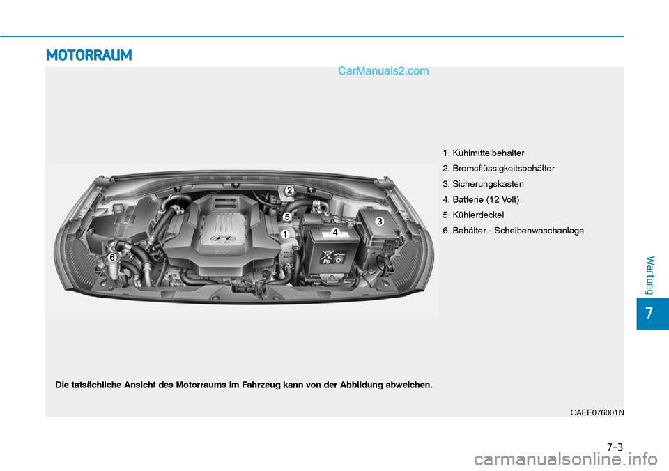 Hyundai Ioniq 2019  Betriebsanleitung (in German) 7-3
7
Wartung
MOTORRAUM
OAEE076001N
1. Kühlmittelbehälter
2. Bremsflüssigkeitsbehälter
3. Sicherungskasten
4. Batterie (12 Volt)
5. Kühlerdeckel
6. Behälter - Scheibenwaschanlage
Die tatsächlic