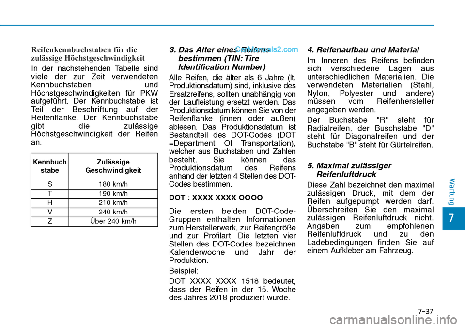 Hyundai Ioniq 2019 Betriebsanleitung (in German) 7-37
7
Wartung
Reifenkennbuchstaben für die
zulässige Höchstgeschwindigkeit
In der nachstehenden Tabelle sind
viele der zur Zeit verwendeten
Kennbuchstaben und
Höchstgeschwindigkeiten für PKW
auf Hyundai Ioniq 2019 Betriebsanleitung (in German) 7-37
7
Wartung
Reifenkennbuchstaben für die
zulässige Höchstgeschwindigkeit
In der nachstehenden Tabelle sind
viele der zur Zeit verwendeten
Kennbuchstaben und
Höchstgeschwindigkeiten für PKW
auf