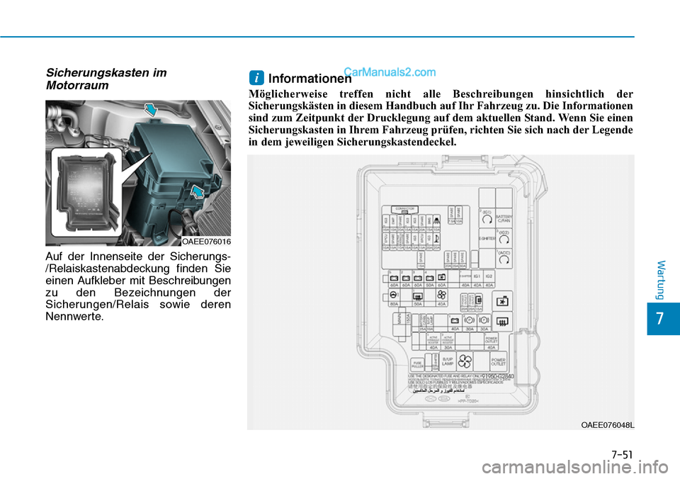 Hyundai Ioniq 2019  Betriebsanleitung (in German) 7-51
7
Wartung
Sicherungskasten imMotorraum
Auf der Innenseite der Sicherungs-
/Relaiskastenabdeckung finden Sie
einen Aufkleber mit Beschreibungen
zu den Bezeichnungen der
Sicherungen/Relais sowie de