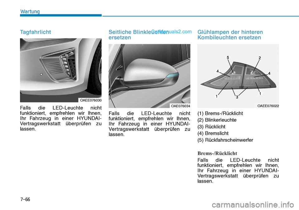 Hyundai Ioniq 2019  Betriebsanleitung (in German) 7-66
Wartung
Tagfahrlicht
Falls die LED-Leuchte nicht
funktioniert, empfrehlen wir lhnen,
Ihr Fahrzeug in einer HYUNDAI-
Vertragswerkstatt überprüfen zu
lassen.
Seitliche Blinkleuchten
ersetzen
Fall