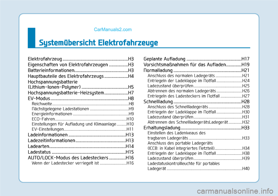 Hyundai Ioniq 2019  Betriebsanleitung (in German) Systemübersicht Elektrofahrzeuge
Elektrofahrzeug .......................................................H3
Eigenschaften von Elektrofahrzeugen ................H3
Batterieinformationen................
