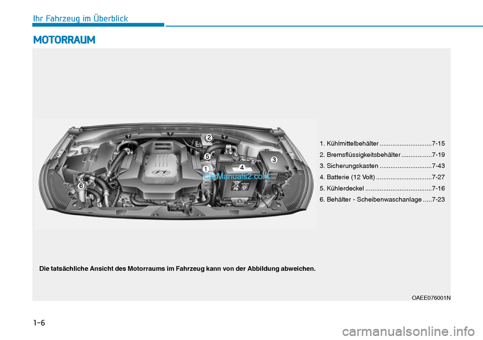 Hyundai Ioniq 2019  Betriebsanleitung (in German) 1-6
Ihr Fahrzeug im Überblick
MOTORRAUM
1. Kühlmittelbehälter .............................7-15
2. Bremsflüssigkeitsbehälter .................7-19
3. Sicherungskasten ............................