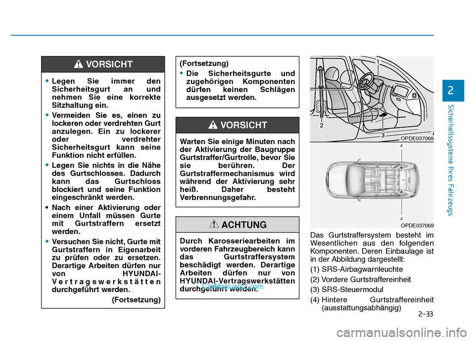 Hyundai Ioniq 2018 Betriebsanleitung (in German) Sicherheitssysteme Ihres Fahrzeugs
2
Das Gurtstraffersystem besteht im
Wesentlichen aus den folgenden
Komponenten. Deren Einbaulage ist
in der Abbildung dargestellt:
(1) SRS-Airbagwarnleuchte
(2) Vord Hyundai Ioniq 2018 Betriebsanleitung (in German) Sicherheitssysteme Ihres Fahrzeugs
2
Das Gurtstraffersystem besteht im
Wesentlichen aus den folgenden
Komponenten. Deren Einbaulage ist
in der Abbildung dargestellt:
(1) SRS-Airbagwarnleuchte
(2) Vord