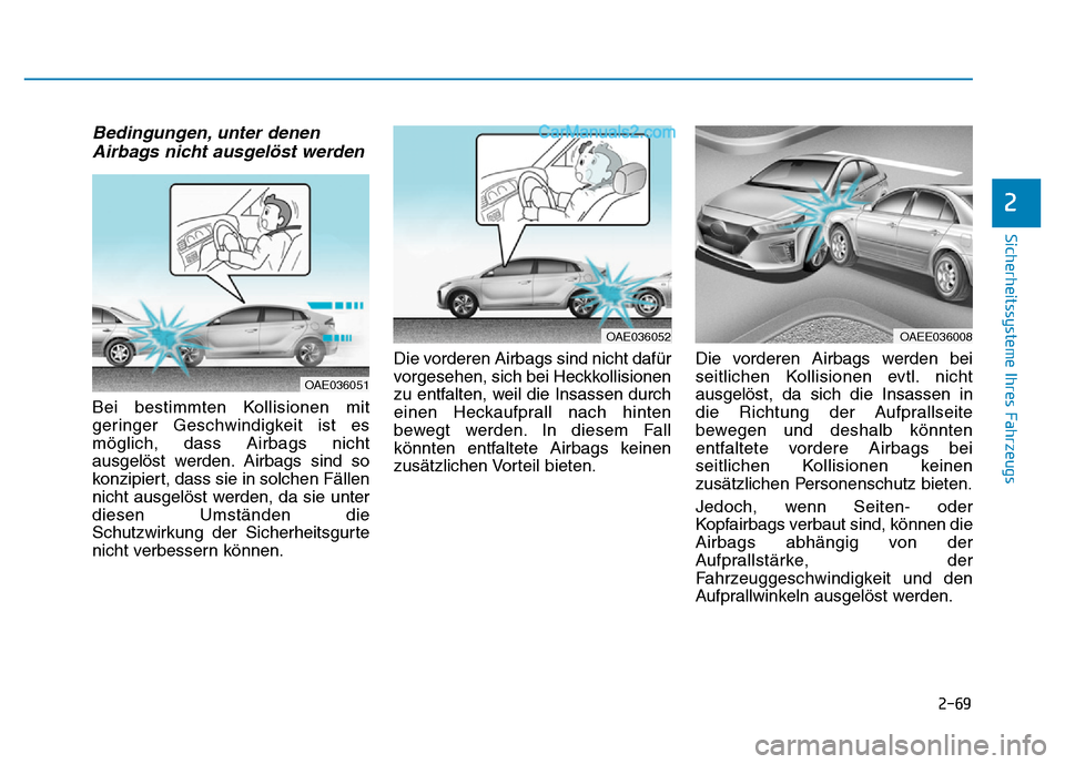 Hyundai Ioniq 2018 Betriebsanleitung (in German) 2-69
Sicherheitssysteme Ihres Fahrzeugs
2
Bedingungen, unter denenAirbags nicht ausgelöst werden
Bei bestimmten Kollisionen mit
geringer Geschwindigkeit ist es
möglich, dass Airbags nicht
ausgelöst Hyundai Ioniq 2018 Betriebsanleitung (in German) 2-69
Sicherheitssysteme Ihres Fahrzeugs
2
Bedingungen, unter denenAirbags nicht ausgelöst werden
Bei bestimmten Kollisionen mit
geringer Geschwindigkeit ist es
möglich, dass Airbags nicht
ausgelöst