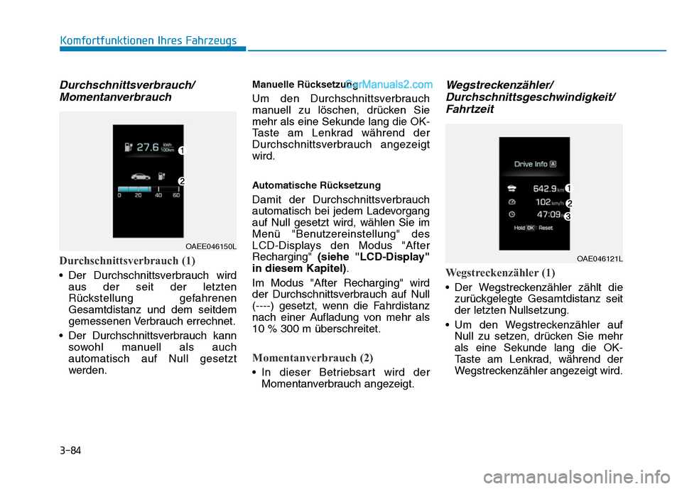 Hyundai Ioniq 2018 Betriebsanleitung (in German) 3-84
Komfortfunktionen Ihres Fahrzeugs
Durchschnittsverbrauch/Momentanverbrauch
Durchschnittsverbrauch (1)
• Der Durchschnittsverbrauch wird
aus der seit der letzten
Rückstellung gefahrenen
Gesamtd Hyundai Ioniq 2018 Betriebsanleitung (in German) 3-84
Komfortfunktionen Ihres Fahrzeugs
Durchschnittsverbrauch/Momentanverbrauch
Durchschnittsverbrauch (1)
• Der Durchschnittsverbrauch wird
aus der seit der letzten
Rückstellung gefahrenen
Gesamtd