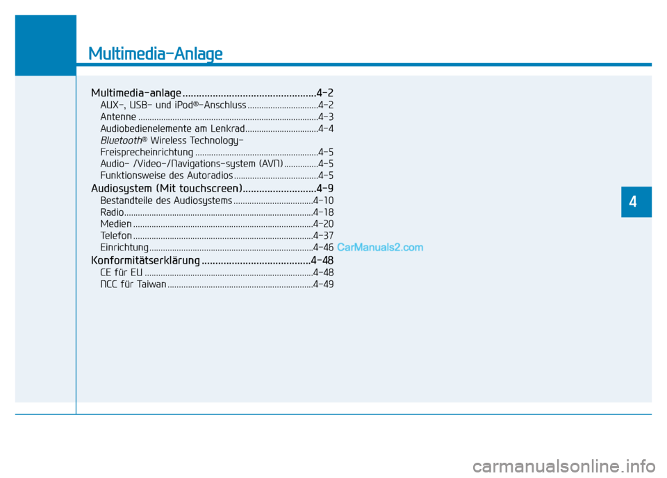 Hyundai Ioniq 2018 Betriebsanleitung (in German) Multimedia-Anlage
Multimedia-anlage .................................................4-2
AUX-, USB- und iPod®-Anschluss ...............................4-2
Antenne ................................... Hyundai Ioniq 2018 Betriebsanleitung (in German) Multimedia-Anlage
Multimedia-anlage .................................................4-2
AUX-, USB- und iPod®-Anschluss ...............................4-2
Antenne ...................................