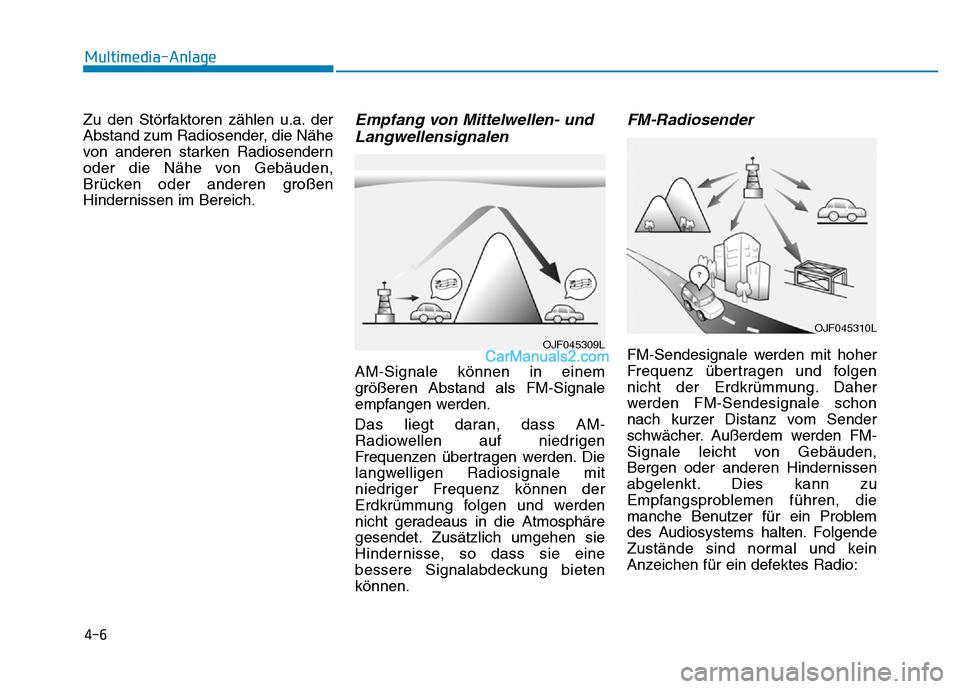 Hyundai Ioniq 2018 Betriebsanleitung (in German) 4-6
Multimedia-Anlage
Zu den Störfaktoren zählen u.a. der
Abstand zum Radiosender, die Nähe
von anderen starken Radiosendern
oder die Nähe von Gebäuden,
Brücken oder anderen großen
Hindernisse Hyundai Ioniq 2018 Betriebsanleitung (in German) 4-6
Multimedia-Anlage
Zu den Störfaktoren zählen u.a. der
Abstand zum Radiosender, die Nähe
von anderen starken Radiosendern
oder die Nähe von Gebäuden,
Brücken oder anderen großen
Hindernisse