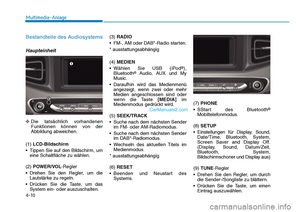 Hyundai Ioniq 2018 Betriebsanleitung (in German) 4-10
Multimedia-Anlage
Bestandteile des Audiosystems
Haupteinheit
❈Die tatsächlich vorhandenen
Funktionen können von der
Abbildung abweichen.
(1) LCD-Bildschirm
• Tippen Sie auf den Bildschirm Hyundai Ioniq 2018 Betriebsanleitung (in German) 4-10
Multimedia-Anlage
Bestandteile des Audiosystems
Haupteinheit
❈Die tatsächlich vorhandenen
Funktionen können von der
Abbildung abweichen.
(1) LCD-Bildschirm
• Tippen Sie auf den Bildschirm