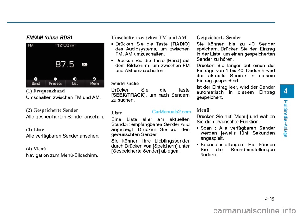 Hyundai Ioniq 2018 Betriebsanleitung (in German) 4-19
Multimedia-Anlage
4
FM/AM (ohne RDS)
(1) Frequenzband
Umschalten zwischen FM und AM.
(2) Gespeicherte Sender
Alle gespeicherten Sender ansehen.
(3) Liste
Alle verfügbaren Sender ansehen.
(4) Me Hyundai Ioniq 2018 Betriebsanleitung (in German) 4-19
Multimedia-Anlage
4
FM/AM (ohne RDS)
(1) Frequenzband
Umschalten zwischen FM und AM.
(2) Gespeicherte Sender
Alle gespeicherten Sender ansehen.
(3) Liste
Alle verfügbaren Sender ansehen.
(4) Me