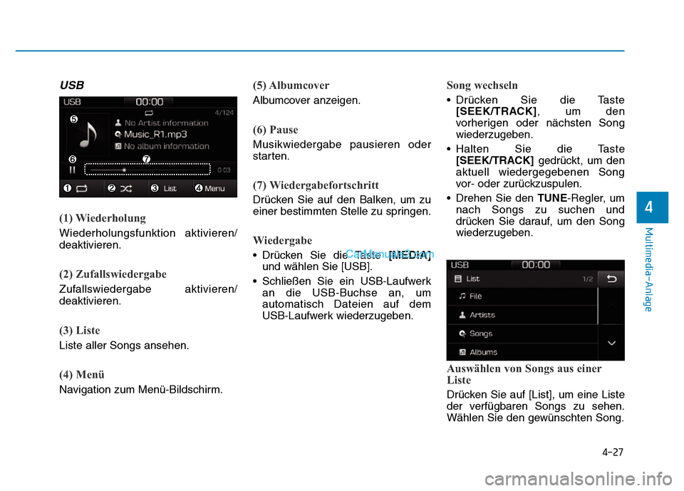 Hyundai Ioniq 2018 Betriebsanleitung (in German) 4-27
Multimedia-Anlage
4
USB
(1) Wiederholung
Wiederholungsfunktion aktivieren/
deaktivieren.
(2) Zufallswiedergabe
Zufallswiedergabe aktivieren/
deaktivieren.
(3) Liste
Liste aller Songs ansehen.
(4 Hyundai Ioniq 2018 Betriebsanleitung (in German) 4-27
Multimedia-Anlage
4
USB
(1) Wiederholung
Wiederholungsfunktion aktivieren/
deaktivieren.
(2) Zufallswiedergabe
Zufallswiedergabe aktivieren/
deaktivieren.
(3) Liste
Liste aller Songs ansehen.
(4