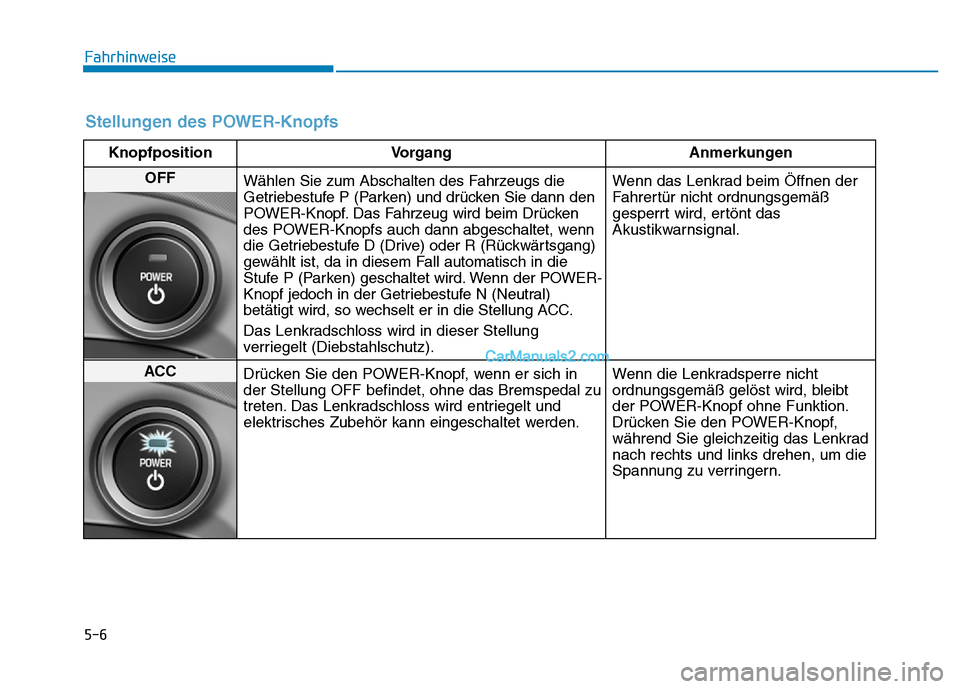 Hyundai Ioniq 2018  Betriebsanleitung (in German) 5-6
Fahrhinweise
Stellungen des POWER-Knopfs
KnopfpositionVorgang Anmerkungen
OFF
Wählen Sie zum Abschalten des Fahrzeugs die
Getriebestufe P (Parken) und drücken Sie dann den
POWER-Knopf. Das Fahrz