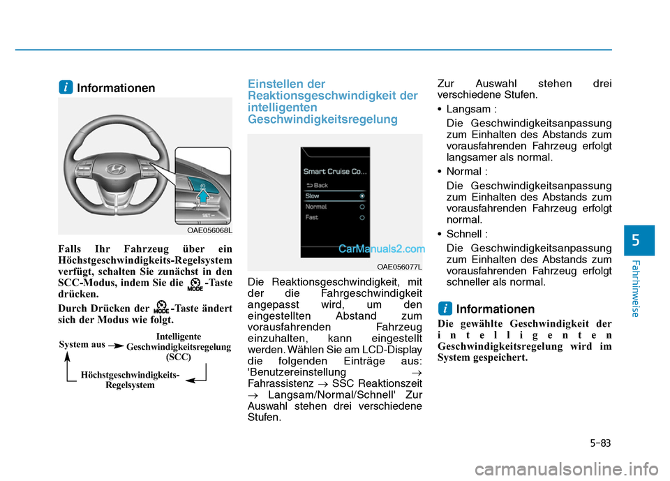 Hyundai Ioniq 2018 Betriebsanleitung (in German) 5-83
Fahrhinweise
5
Informationen
Falls Ihr Fahrzeug über ein
Höchstgeschwindigkeits-Regelsystem
verfügt, schalten Sie zunächst in den
SCC-Modus, indem Sie die -Taste
drücken.
Durch Drücken der Hyundai Ioniq 2018 Betriebsanleitung (in German) 5-83
Fahrhinweise
5
Informationen
Falls Ihr Fahrzeug über ein
Höchstgeschwindigkeits-Regelsystem
verfügt, schalten Sie zunächst in den
SCC-Modus, indem Sie die -Taste
drücken.
Durch Drücken der