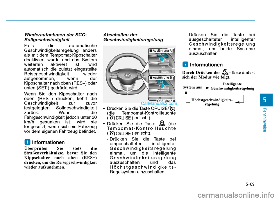 Hyundai Ioniq 2018 Betriebsanleitung (in German) 5-89
Fahrhinweise
5
Wiederaufnehmen der SCC-Sollgeschwindigkeit
Falls die automatische
Geschwindigkeitsregelung anders
als mit dem Tempomat-Kippschalter
deaktiviert wurde und das System
weiterhin akti Hyundai Ioniq 2018 Betriebsanleitung (in German) 5-89
Fahrhinweise
5
Wiederaufnehmen der SCC-Sollgeschwindigkeit
Falls die automatische
Geschwindigkeitsregelung anders
als mit dem Tempomat-Kippschalter
deaktiviert wurde und das System
weiterhin akti