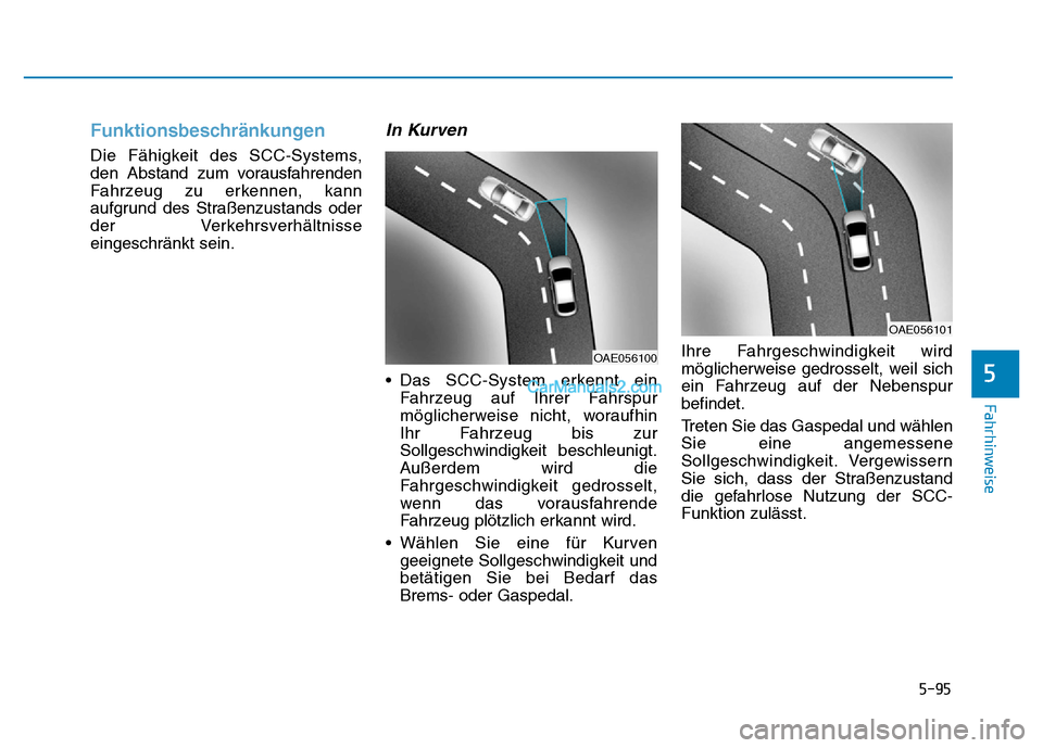 Hyundai Ioniq 2018 Betriebsanleitung (in German) 5-95
Fahrhinweise
5
Funktionsbeschränkungen
Die Fähigkeit des SCC-Systems,
den Abstand zum vorausfahrenden
Fahrzeug zu erkennen, kann
aufgrund des Straßenzustands oder
der Verkehrsverhältnisse
ein Hyundai Ioniq 2018 Betriebsanleitung (in German) 5-95
Fahrhinweise
5
Funktionsbeschränkungen
Die Fähigkeit des SCC-Systems,
den Abstand zum vorausfahrenden
Fahrzeug zu erkennen, kann
aufgrund des Straßenzustands oder
der Verkehrsverhältnisse
ein