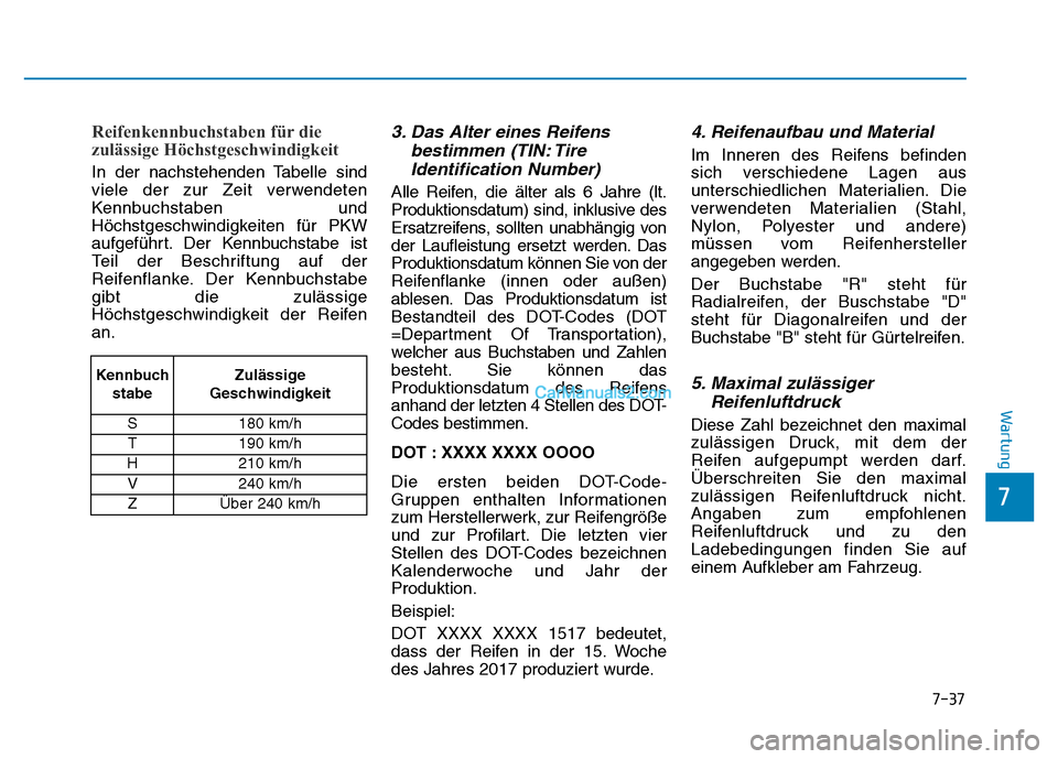 Hyundai Ioniq 2018 Betriebsanleitung (in German) 7-37
7
Wartung
Reifenkennbuchstaben für die
zulässige Höchstgeschwindigkeit
In der nachstehenden Tabelle sind
viele der zur Zeit verwendeten
Kennbuchstaben und
Höchstgeschwindigkeiten für PKW
auf Hyundai Ioniq 2018 Betriebsanleitung (in German) 7-37
7
Wartung
Reifenkennbuchstaben für die
zulässige Höchstgeschwindigkeit
In der nachstehenden Tabelle sind
viele der zur Zeit verwendeten
Kennbuchstaben und
Höchstgeschwindigkeiten für PKW
auf