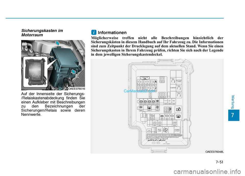 Hyundai Ioniq 2018  Betriebsanleitung (in German) 7-51
7
Wartung
Sicherungskasten imMotorraum
Auf der Innenseite der Sicherungs-
/Relaiskastenabdeckung finden Sie
einen Aufkleber mit Beschreibungen
zu den Bezeichnungen der
Sicherungen/Relais sowie de