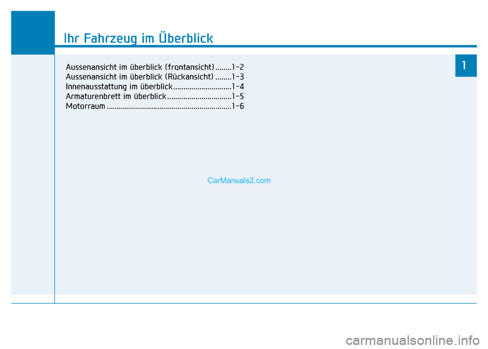 Hyundai Ioniq 2018  Betriebsanleitung (in German) Ihr Fahrzeug im Überblick
1
Ihr Fahrzeug im Überblick
1Aussenansicht im überblick (frontansicht) ........1-2
Aussenansicht im überblick (Rückansicht) ........1-3
Innenausstattung im überblick ..