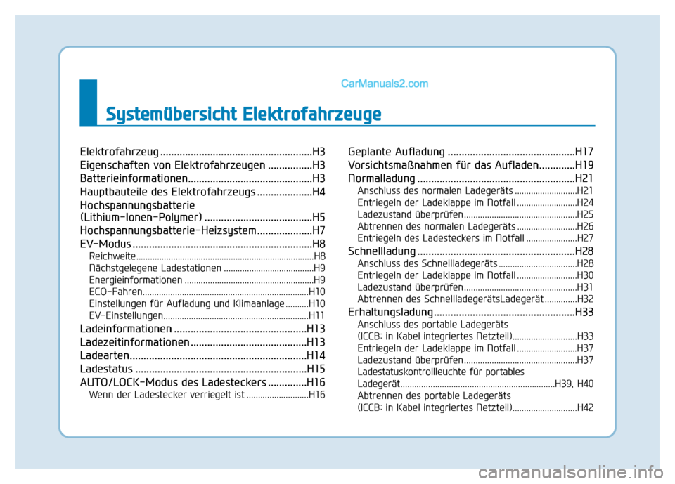 Hyundai Ioniq 2018 Betriebsanleitung (in German) Systemübersicht Elektrofahrzeuge
Elektrofahrzeug .......................................................H3
Eigenschaften von Elektrofahrzeugen ................H3
Batterieinformationen................ Hyundai Ioniq 2018 Betriebsanleitung (in German) Systemübersicht Elektrofahrzeuge
Elektrofahrzeug .......................................................H3
Eigenschaften von Elektrofahrzeugen ................H3
Batterieinformationen................