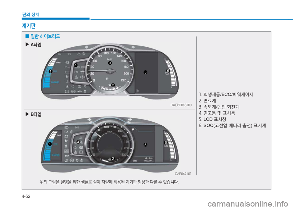 Hyundai Ioniq 2017  아이오닉 AE - 사용 설명서 (in Korean) 4-52
편의 장치
계기판
OAEPH046100OAEPH046100
OAE047101
OAE047101
좌 . 회생제동 /ECO/파워게이6H  
속 . 연료계
3 . . L계 /엔진  회전계
4 . E고등  및  표/d등
자 . LCD  