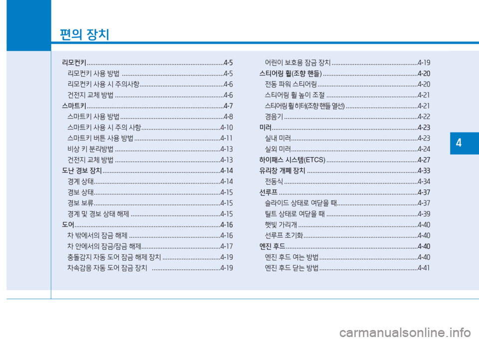 Hyundai Ioniq 2017  아이오닉 AE - 사용 설명서 (in Korean) 소
편의 장치
리모컨키  .............................................................................. 4-5
리0컨키  사용  방)   ........................................................