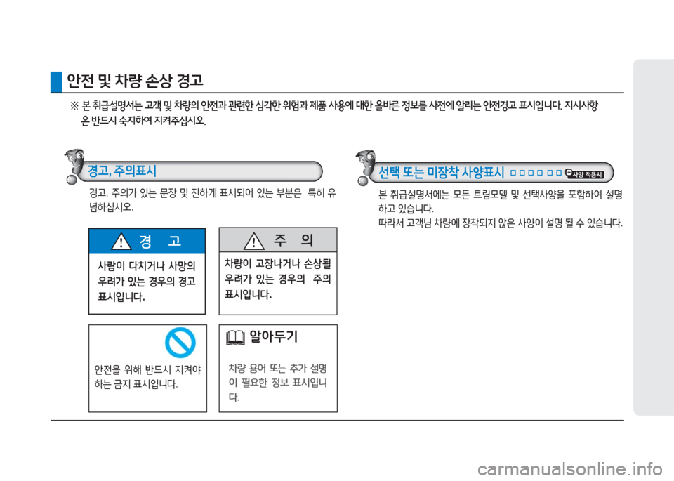 Hyundai Ioniq 2016 아이오닉 AE - 사용 설명서 (in Korean) 사람이 다치거나 사망의
우려가 있는 경우의 경고
표시입니다.
경 고 주 의
차량이 고장나거나 손상될
우려가 있는 경우의 주의
표시입니다 Hyundai Ioniq 2016 아이오닉 AE - 사용 설명서 (in Korean) 사람이 다치거나 사망의
우려가 있는 경우의 경고
표시입니다.
경 고 주 의
차량이 고장나거나 손상될
우려가 있는 경우의 주의
표시입니다
