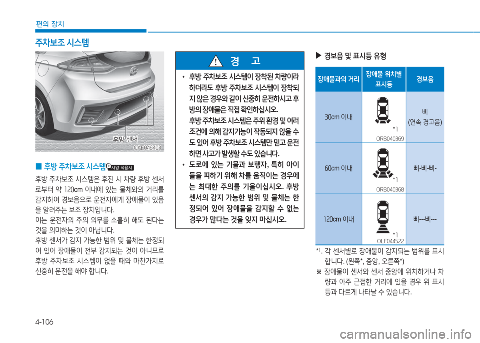 Hyundai Ioniq 2016  아이오닉 AE - 사용 설명서 (in Korean) 4-106
편의 장치
 0후방 주차보조 시스템
후방 주차보조 시스템은 후진 시 차량 후방 센서
로부터 약 120cm 이내에 있는 물체와의 거리를 
감지하여 경보