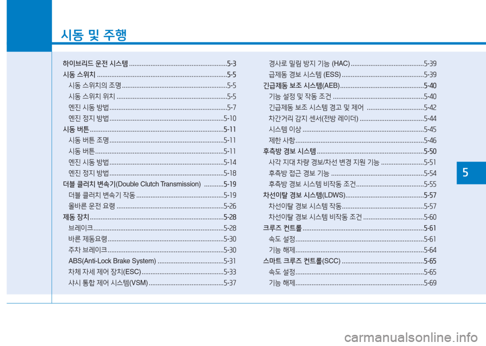 Hyundai Ioniq 2016  아이오닉 AE - 사용 설명서 (in Korean) 시동 및 주행
하이브리드 운전 시스템 . . . . . . . . . . . . . . . . . . . . . . . . . . . . . . . . . . . . . . . . . . . . . . . . . . . . . . .5-3
시동 스위치 . . . . . . . . . .