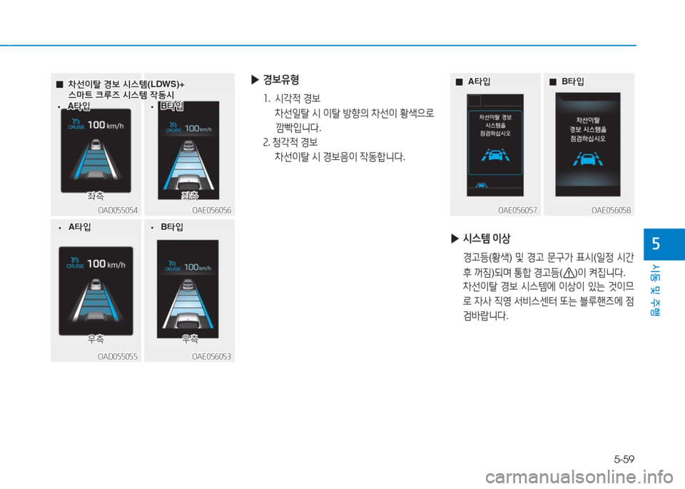 Hyundai Ioniq 2016  아이오닉 AE - 사용 설명서 (in Korean) 5-59
시동 및 주행
5
 ▶경보유형
1. 시각적 경보 
 차선일탈 시 이탈 방향의 차선이 황색으로 
깜빡입니다. 
2. 청각적 경보
 차선이탈 시 경보음이 작동합