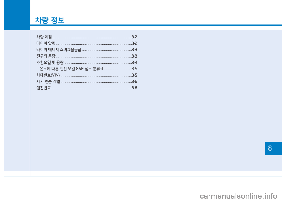 Hyundai Ioniq 2016  아이오닉 AE - 사용 설명서 (in Korean) 차량 정보
차량 제원 . . . . . . . . . . . . . . . . . . . . . . . . . . . . . . . . . . . . . . . . . . . . . . . . . . . . . . . . . . . . . . . . . . . . . . . . . . . . .8-2
타이어 압