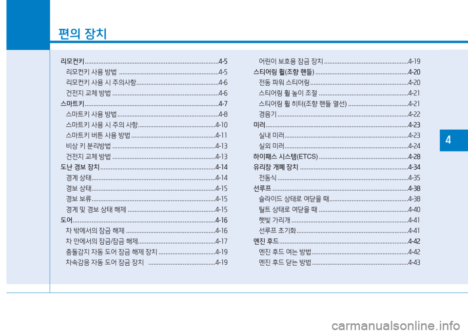Hyundai Ioniq 2016  아이오닉 AE - 사용 설명서 (in Korean) 1
편의 장치
리모컨키 . . . . . . . . . . . . . . . . . . . . . . . . . . . . . . . . . . . . . . . . . . . . . . . . . . . . . . . . . . . . . . . . . . . . . . . . . . . . . .4-5
리모컨키