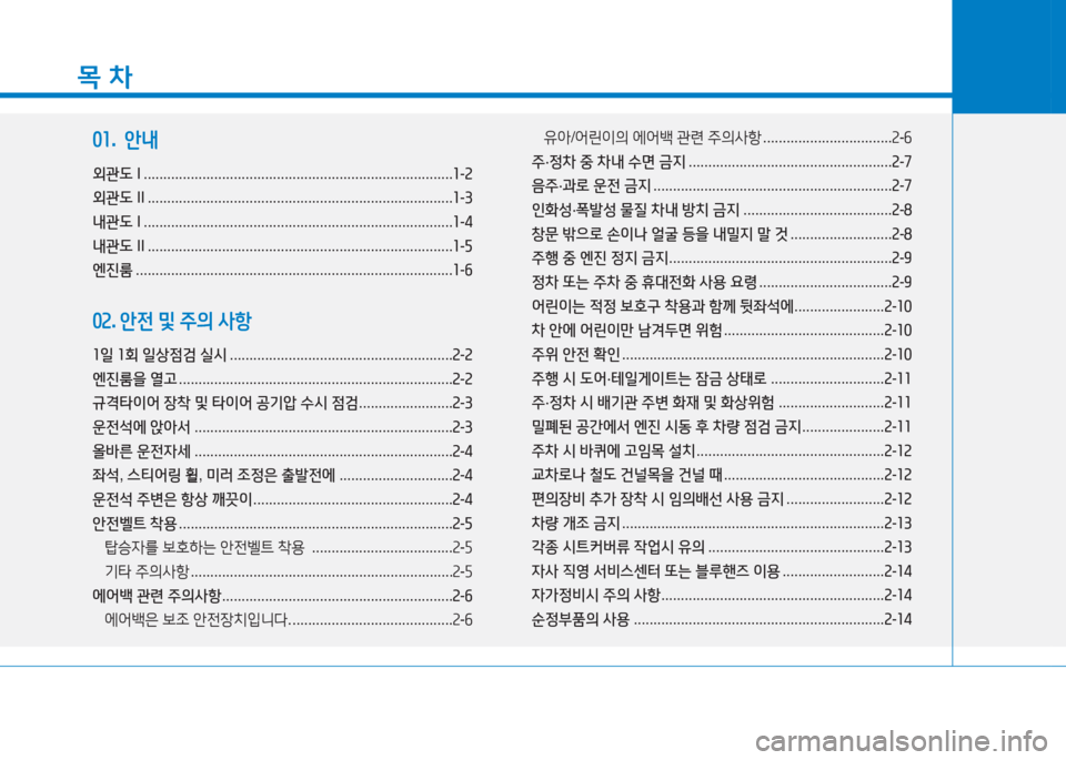 Hyundai Ioniq 2016  아이오닉 AE - 사용 설명서 (in Korean) 목 차
01.  안내
외관도 I ...............................................................................1-2
외관도 II ........................................................................