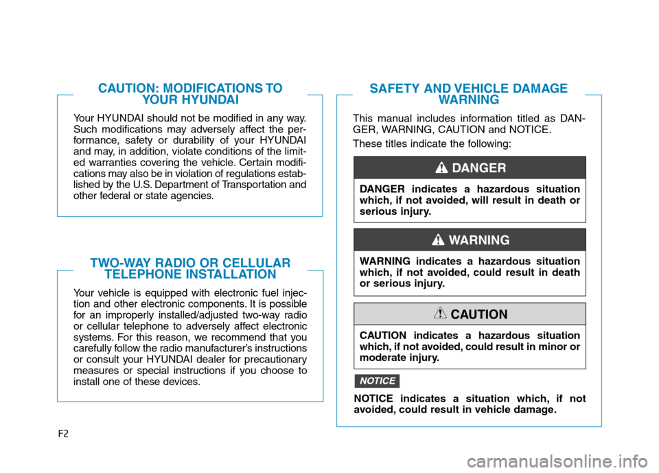 Hyundai Ioniq Electric 2020  Owners Manual F2
Your HYUNDAI should not be modified in any way.
Such modifications may adversely affect the per-
formance, safety or durability of your HYUNDAI
and may, in addition, violate conditions of the limit