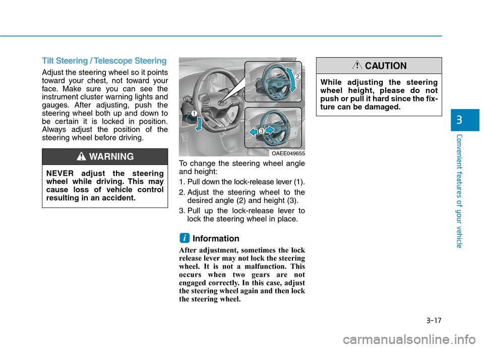 Hyundai Ioniq Electric 2020  Owners Manual 3-17
Convenient features of your vehicle
3
Tilt Steering / Telescope Steering
Adjust the steering wheel so it points
toward your chest, not toward your
face. Make sure you can see the
instrument clust