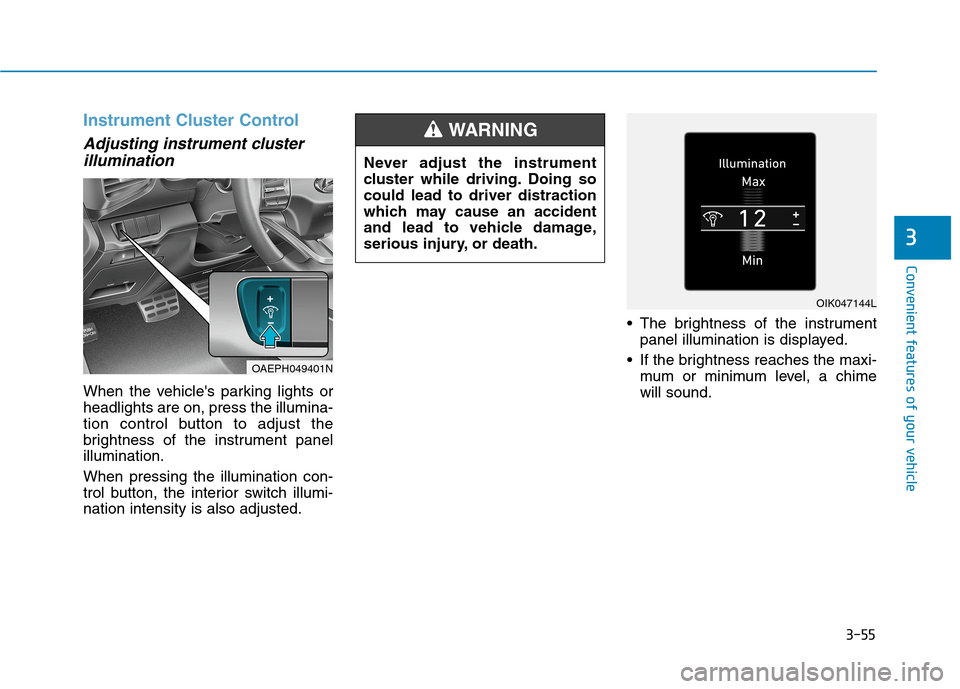 Hyundai Ioniq Electric 2020  Owners Manual 3-55
Convenient features of your vehicle
3
Instrument Cluster Control
Adjusting instrument cluster
illumination 
When the vehicles parking lights or
headlights are on, press the illumina-
tion contro