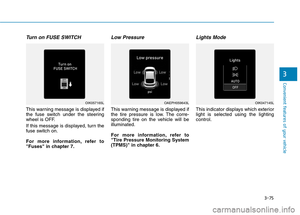 Hyundai Ioniq Electric 2020 Owners Manual 3-75
Convenient features of your vehicle
3
Turn on FUSE SWITCH
This warning message is displayed if
the fuse switch under the steering
wheel is OFF.
If this message is displayed, turn the
fuse switc Hyundai Ioniq Electric 2020 Owners Manual 3-75
Convenient features of your vehicle
3
Turn on FUSE SWITCH
This warning message is displayed if
the fuse switch under the steering
wheel is OFF.
If this message is displayed, turn the
fuse switc