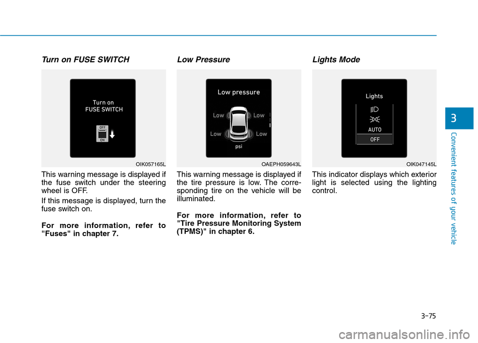 Hyundai Ioniq Electric 2020  Owners Manual 3-75
Convenient features of your vehicle
3
Turn on FUSE SWITCH  
This warning message is displayed if
the fuse switch under the steering
wheel is OFF.
If this message is displayed, turn the
fuse switc
