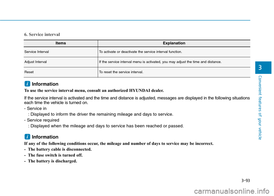 Hyundai Ioniq Electric 2020  Owners Manual 3-93
Convenient features of your vehicle
3
ItemsExplanation
Service IntervalTo activate or deactivate the service interval function.
Adjust IntervalIf the service interval menu is activated, you may a