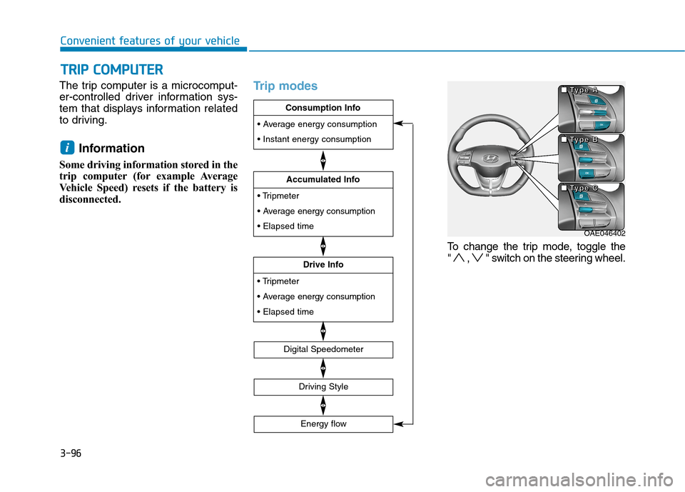 Hyundai Ioniq Electric 2020  Owners Manual 3-96
The trip computer is a microcomput-
er-controlled driver information sys-
tem that displays information related
to driving.
Information 
Some driving information stored in the
trip computer (for 