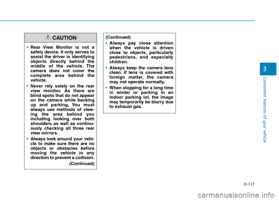 Hyundai Ioniq Electric 2020  Owners Manual 3-117
Convenient features of your vehicle
3
Rear View Monitor is not a
safety device. It only serves to
assist the driver in identifying
objects directly behind the
middle of the vehicle. The
camera d