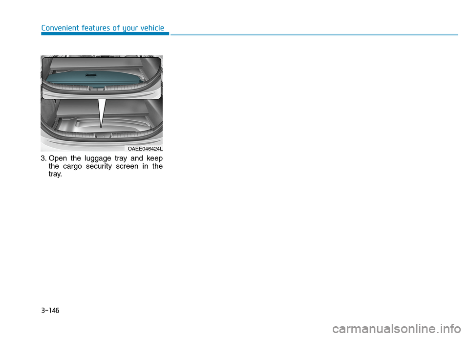 Hyundai Ioniq Electric 2020 Owners Manual 3-146
Convenient features of your vehicle
3. Open the luggage tray and keep
the cargo security screen in the
tray.
OAEE046424L Hyundai Ioniq Electric 2020 Owners Manual 3-146
Convenient features of your vehicle
3. Open the luggage tray and keep
the cargo security screen in the
tray.
OAEE046424L