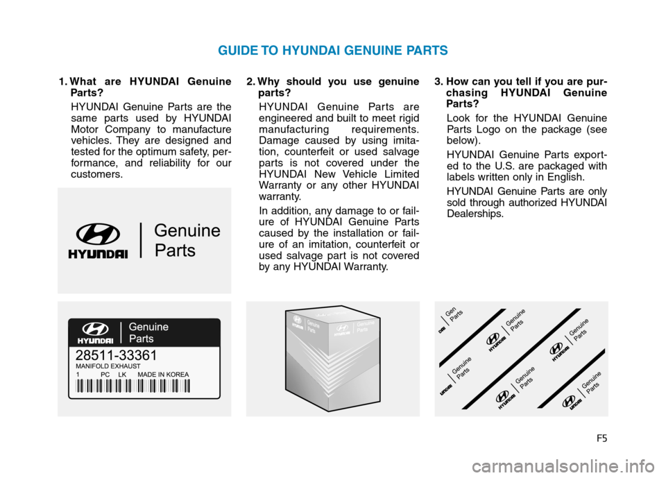 Hyundai Ioniq Electric 2020 Owners Manual F5
1. What are HYUNDAI Genuine
Parts?
HYUNDAI Genuine Parts are the
same parts used by HYUNDAI
Motor Company to manufacture
vehicles. They are designed and
tested for the optimum safety, per-
formance Hyundai Ioniq Electric 2020 Owners Manual F5
1. What are HYUNDAI Genuine
Parts?
HYUNDAI Genuine Parts are the
same parts used by HYUNDAI
Motor Company to manufacture
vehicles. They are designed and
tested for the optimum safety, per-
formance