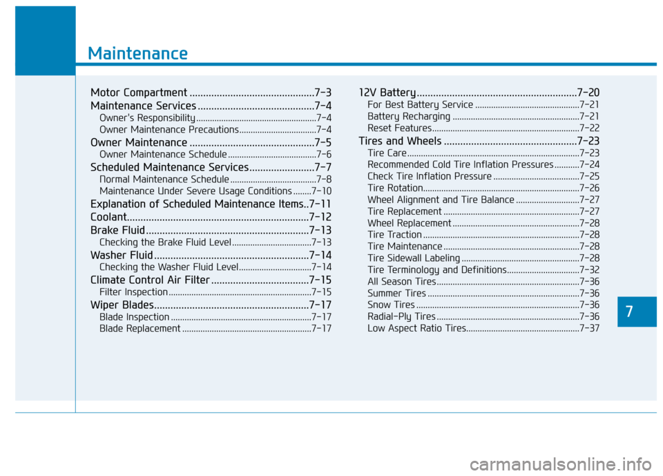 Hyundai Ioniq Electric 2020  Owners Manual 7
Maintenance
7
Maintenance
Motor Compartment ..............................................7-3
Maintenance Services ...........................................7-4
Owners Responsibility .............